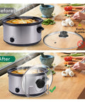 Kick Up Your Slow Cookin Game With This Heavy Duty Stainless Steel Lid Holder That Keeps Your Crockpot Cover Clean Off Counter And Floor While Saving Sweet Prep Space For Weekend Batch Cooking; showing before and after use.