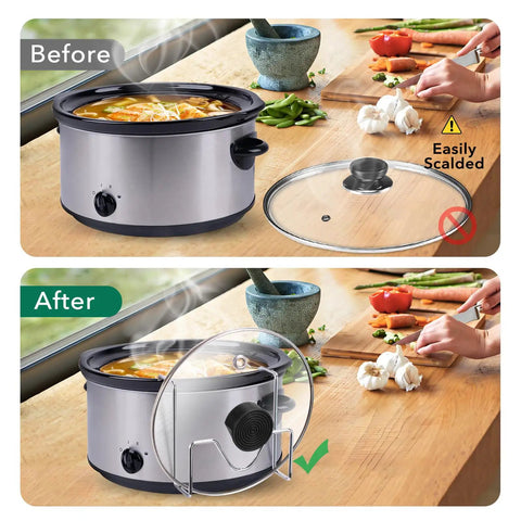 Kick Up Your Slow Cookin Game With This Heavy Duty Stainless Steel Lid Holder That Keeps Your Crockpot Cover Clean Off Counter And Floor While Saving Sweet Prep Space For Weekend Batch Cooking; showing before and after use.