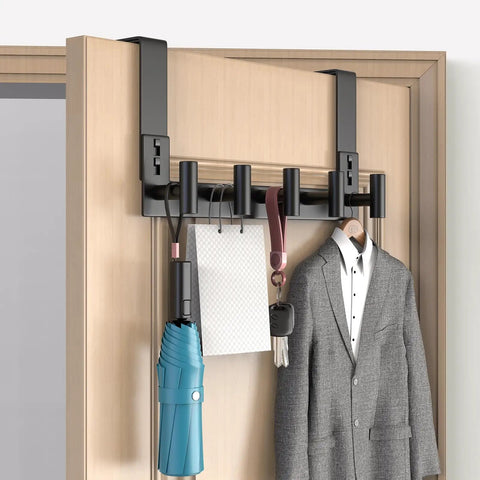 Over The Door Hooks 5 Pack Black T Hooks Coat Rack Organizer For Bathroom Towel Holder No Fuss Mount Fits Doors Up To One And Three Quarters Inches Thick Easy Install installed with clothes and umbrella.