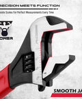 Close-up of Rock Solid Six Inch Adjustable Wrench Forged From Heat Treated Chrome Vanadium Steel with smooth jaw and measurement scale.
