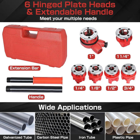 DIY Pro Friendly Ratchet Pipe Threader Kit With 6 Dies 1/4 to 1-1/4 Inch Manual Pipe Threading Tool, case, and handles shown