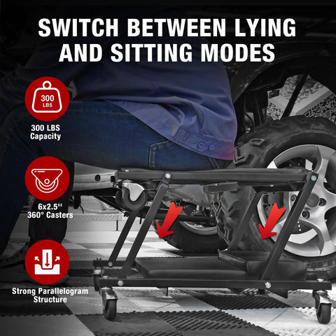 Smooth Operator Two In One Foldable Garage Shop Creeper Folds To A Stool For Laid Back Breaks Thick Padded Vinyl Seat 36 Inch Wide Black Stand Takes 300 Lbs Heavy Load On Six Gliding Caster Wheels