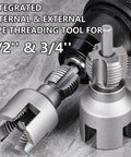 Do It All Pipe Threading Kit With Internal And External Dies For One Half Inch And Three Quarter Inch PVC Pipes, Drill Compatible 2 In 1 PVC Threader Tool displayed with threading dies on a surface.