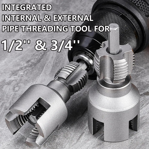 Do It All Pipe Threading Kit With Internal And External Dies For One Half Inch And Three Quarter Inch PVC Pipes, Drill Compatible 2 In 1 PVC Threader Tool displayed with threading dies on a surface.