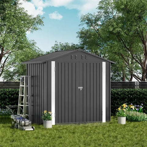 Heavy Duty Metal Outdoor Storage Shed With Lockable Doors And Sloped Roof Air Vent Built Tough For Backyard Patio Lawn Poolside 6x4 Grey Weather Resistant And Secure