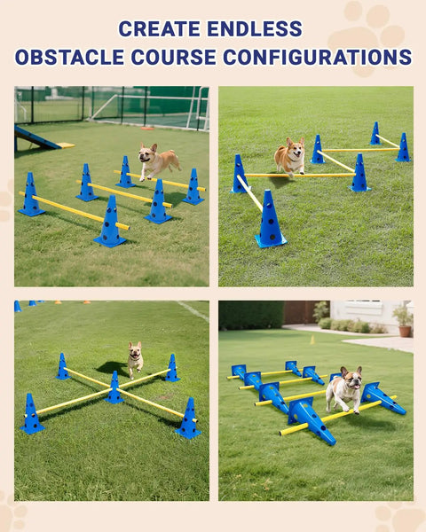 Dog Agility Backyard Course Set With 12 Cones And 6 Durable Rods, height adjustable hurdles, corgi jumping through setup