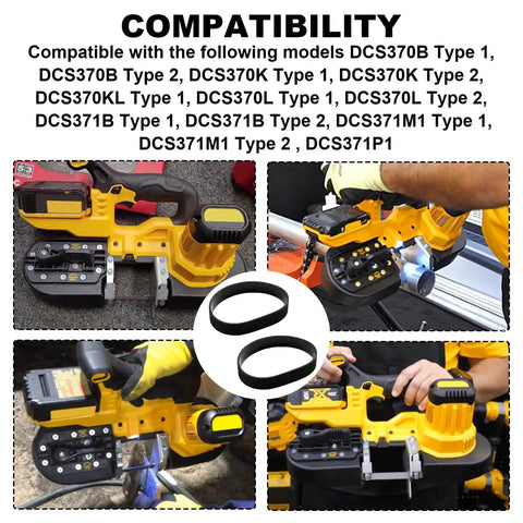 Replacement Tire For Dewalt Bandsaw DCS370 And DCS371 Series 2 Pack Easy Install shown with bandsaw models in use