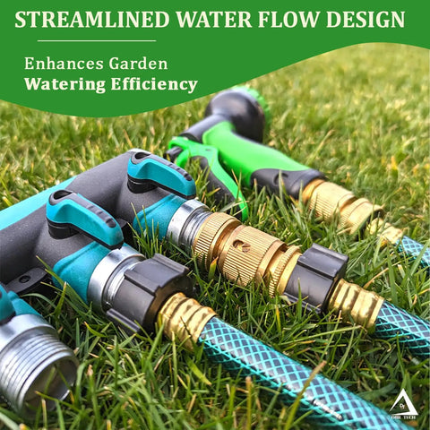 Heavy Duty Brass Hose Quick Connect Fittings 3/4-Inch Garden Hose Quick Disconnect Set 4 Pack attached to green garden hose on grass