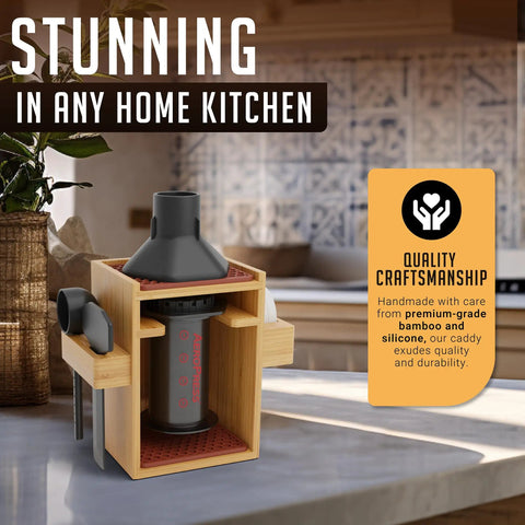 Compact Bamboo AeroPress Organizer Stand For Your Coffee Setup Keep All Accessories In One Caddy Including Filter Holder Mug Storage Rack Funnel Scoop And Silicone Drip Mats In Rich Brown on kitchen counter