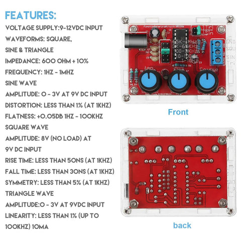 XR2206 Precise Function Signal Generator Module Pro Grade DIY Kit with sine, square, triangle outputs, front and back view