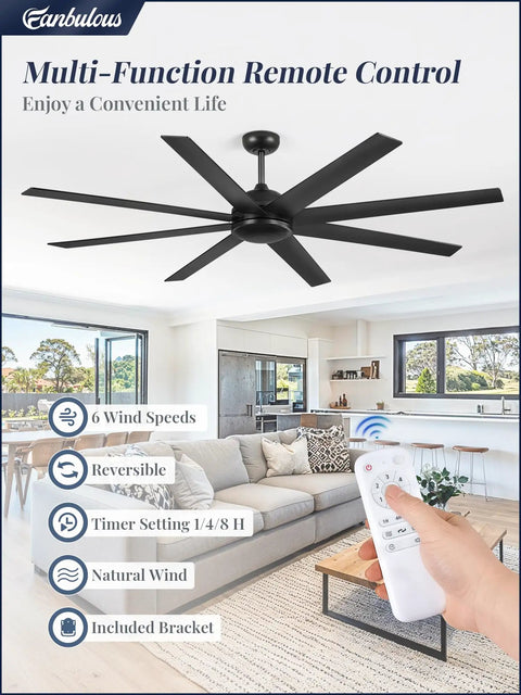 72 Inch Black Ceiling Fan No Light With Remote, 6 Speeds, Quiet Reversible DC Motor, Industrial Style Mounted in Living Room
