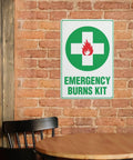 Rustproof Aluminum Warning Sign For First Aid Burn Kit Location 8 By 12 Inches With Clear Bold Lettering on brick wall indoors