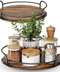 Two Pack 9 Inch And 10 Inch Wooden Lazy Susan Turntables organizing spices and plants, smooth rotating wood shelf decor.