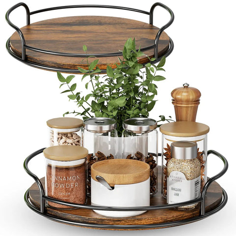 Two Pack 9 Inch And 10 Inch Wooden Lazy Susan Turntables organizing spices and plants, smooth rotating wood shelf decor.
