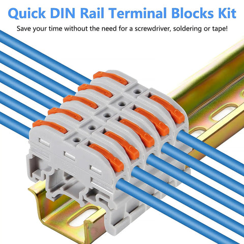 50 Pack Compact Din Rail Terminal Blocks Featuring Quick Snap Lever Wire Connectors For 28 To 12 Awg Electrical Wiring on a metal rail.