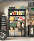 Heavy Duty 5 Tier Metal Shelving Rack With 1000Lbs Capacity 72In High 36In Wide 12In Deep 4 Side Hooks Black, garage storage