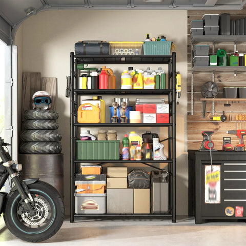 Heavy Duty 5 Tier Metal Shelving Rack With 1000Lbs Capacity 72In High 36In Wide 12In Deep 4 Side Hooks Black, garage storage
