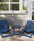 Square Outdoor Side Table With 2-Tier Storage between blue chairs on patio, Weatherproof HDPE End Tables For Backyard Pool Porch Garden Lawn