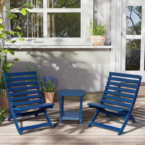 Square Outdoor Side Table With 2-Tier Storage between blue chairs on patio, Weatherproof HDPE End Tables For Backyard Pool Porch Garden Lawn