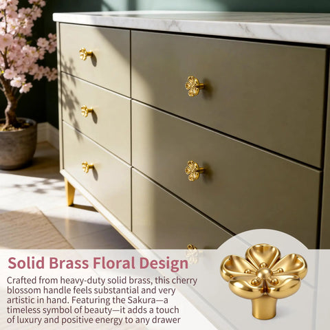 Premium Solid Brass Gold Cabinet Knobs With Cherry Blossom Flower Design on dresser drawer