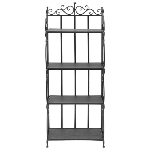 Black Metal Freestanding Storage Rack With Four Wood Shelves And Decorative Scrollwork Displays Plants Photos Or Pantry Items Looks Fresh Builds Tough Hassle Free Assembly Great For Kicking Up Any Apartment Or Home Office