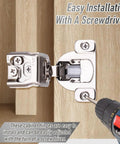 Slam Free Soft Close Cabinet Hinges Pair 1-1/2 Inch Overlay Face Frame concealed door hinges on wood showing easy installation.