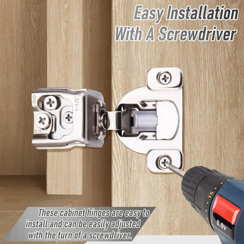 Slam Free Soft Close Cabinet Hinges Pair 1-1/2 Inch Overlay Face Frame concealed door hinges on wood showing easy installation.