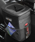 Collapsible Car Trash Bag With Adjustable Headrest Strap, Leakproof Two Gallon Vehicle Organizer hanging on car seat.