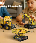Children assembling 5 In 1 STEM Building Kit with Remote Control Excavator 555-Piece Engineering Toy For Kids Ages 6 To 14.