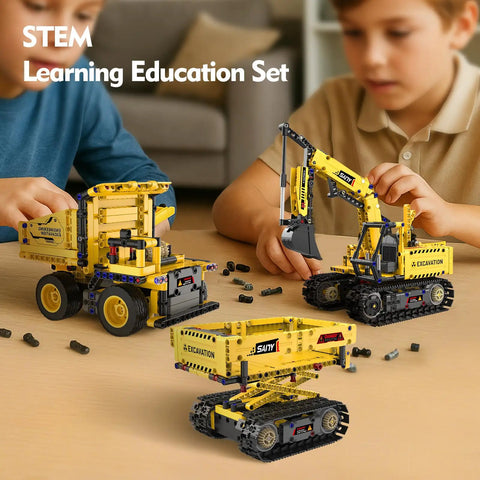 Children assembling 5 In 1 STEM Building Kit with Remote Control Excavator 555-Piece Engineering Toy For Kids Ages 6 To 14.
