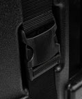 Hella Rugged Roto Molded Drum Hardware Case With Retractable Pull Handle And Inline Wheels Lightweight Stackable showing high tension buckle close-up.