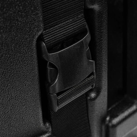 Hella Rugged Roto Molded Drum Hardware Case With Retractable Pull Handle And Inline Wheels Lightweight Stackable showing high tension buckle close-up.