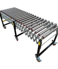 Hefty Expandable Roller Conveyor Adjustable From 47 To 118 Inches Long Heavy Duty Steel Beams And Pallet Moving System in use with stainless steel rollers.