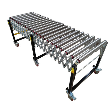 Hefty Expandable Roller Conveyor Adjustable From 47 To 118 Inches Long Heavy Duty Steel Beams And Pallet Moving System in use with stainless steel rollers.