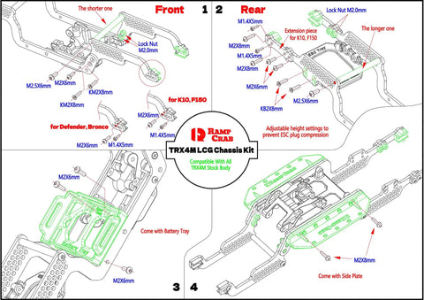 Beefed Up Carbon Fiber Universal Chassis Frame Kit 1/18 RC Crawler TRX4M upgrade diagram with skid plate and side plates