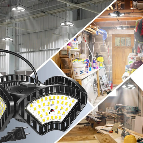 Plug In LED Garage Lights Kit With Four Deformable Panels, 90W 9000 Lumens, ultra bright daylight 6500K, in workshop settings