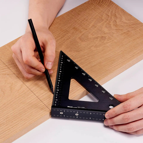 Person using 150mm CNC Aluminum Triangle Square for Rafter and Framing Layout precise 90 degree marking on wood.
