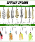 All In One Pro Grade Fishing Lures Kit with spinnerbaits in multiple colors and sizes for bass, saltwater, and freshwater fishing.
