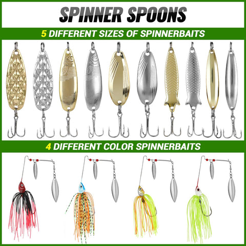 All In One Pro Grade Fishing Lures Kit with spinnerbaits in multiple colors and sizes for bass, saltwater, and freshwater fishing.