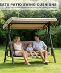 Family sitting on a porch swing with Waterproof Outdoor Swing Cushions For 3 Seater With Backrest, in a garden setting