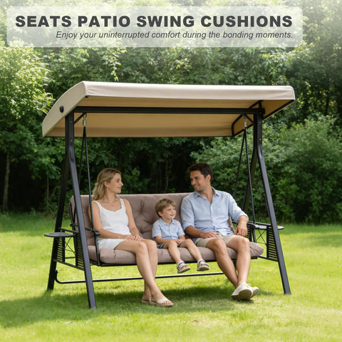 Family sitting on a porch swing with Waterproof Outdoor Swing Cushions For 3 Seater With Backrest, in a garden setting