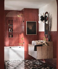 Modern bathroom with Tub Spout With Diverter For Wall Mount, 1/2-Inch Slip Fit Connection, Brushed Gold Metal Finish, geometric tile floor.