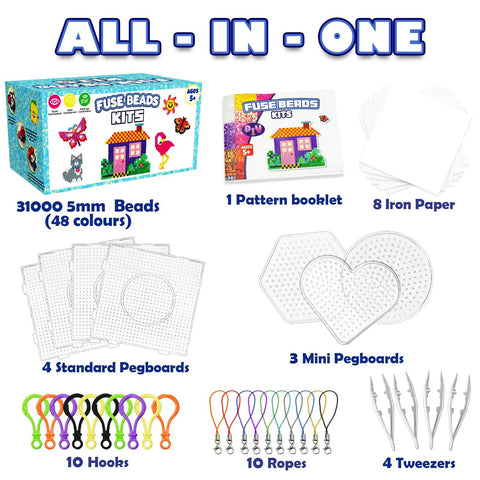 Fuse Beads Kit 31000 5mm With 48 Colors All In One Craft Set box, pattern booklet, pegboards, ironing paper, tweezers, hooks, and ropes.