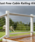 Rainy outdoor deck with 100 Pack T316 Stainless Steel Right And Left Handed Swage Lag Screws For Wood Posts One Eighth Inch Cable.