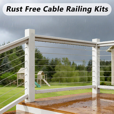 Rainy outdoor deck with 100 Pack T316 Stainless Steel Right And Left Handed Swage Lag Screws For Wood Posts One Eighth Inch Cable.