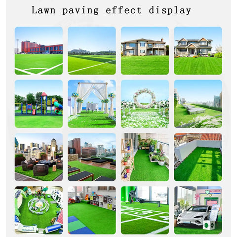 Collage showcasing various installations of Realistic Outdoor Artificial Grass Lawn Turf Mat for Patio and Garden in different settings
