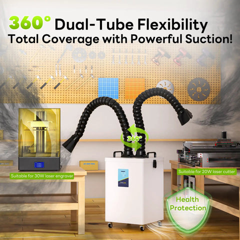 Dual Port Industrial Fume Extractor Pulls Straight Shooting Clean Air with 360° dual tubes for workshop dust collection.