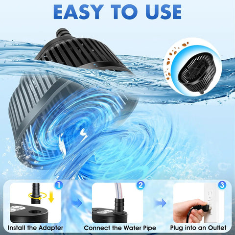 Automatic Pool Cover Pump With Water Sensor For Above Ground Pools shown submerged in water, installation steps displayed