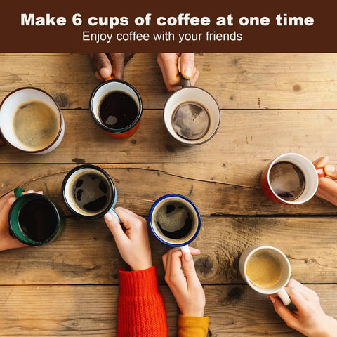 Six people holding cups of coffee around a wooden table, showcasing the Stovetop Espresso Maker 6 Cup 240ml Classic Moka Pot's capacity.