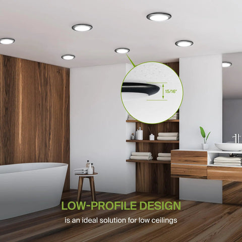 Lit 7 Inch Square LED Flush Mount Ceiling Light 12W 1030LM 3CCT Dimmable 6 Pack installed in modern bathroom